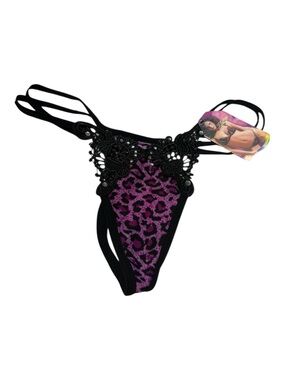 Y2K Purple Black Leopard Print G String Thong Rhinestone Lace One Size NWT
